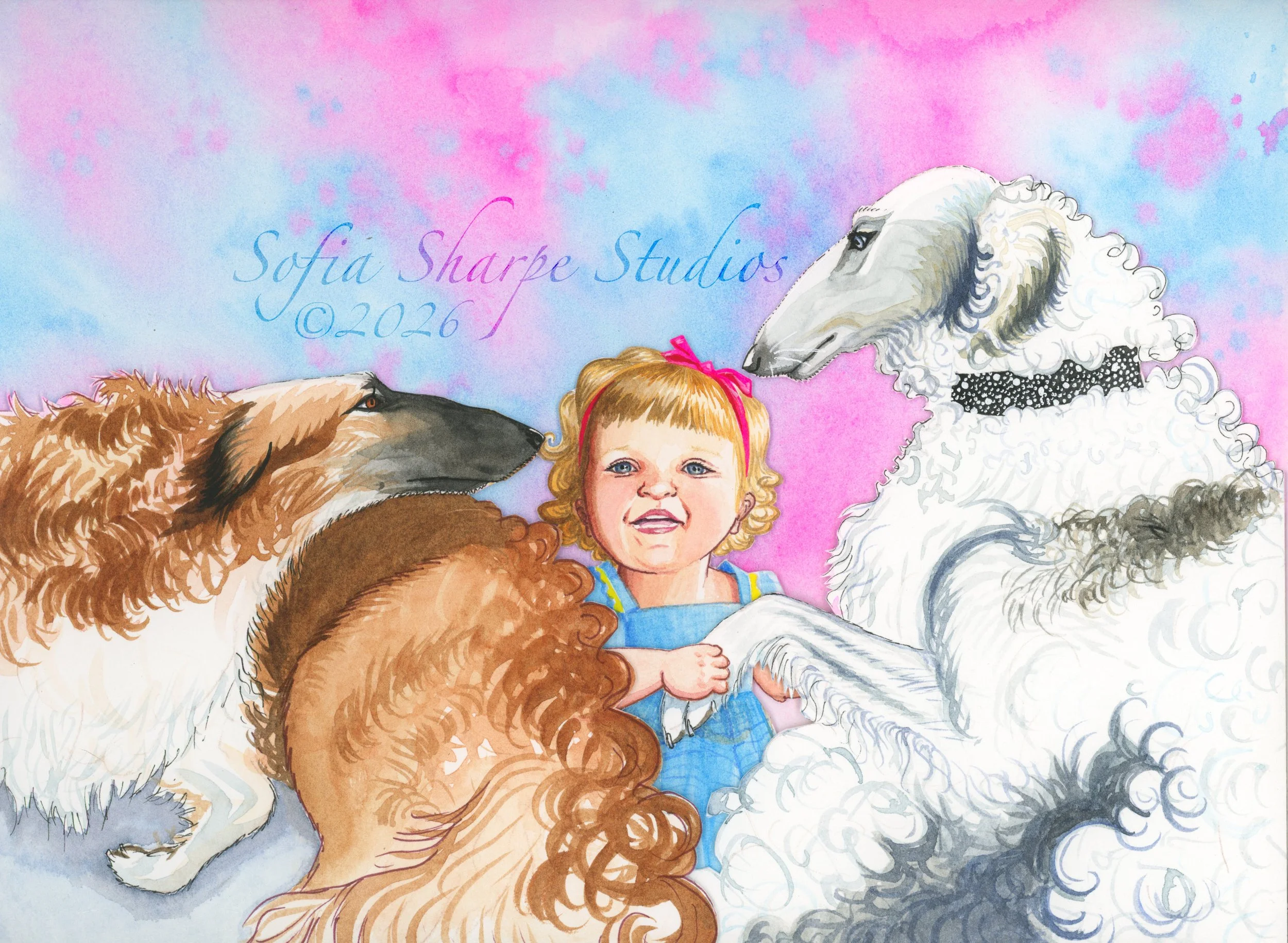 Diego & Spartacus - Avenue Pet Salon. 9"x12" watercolor Collage