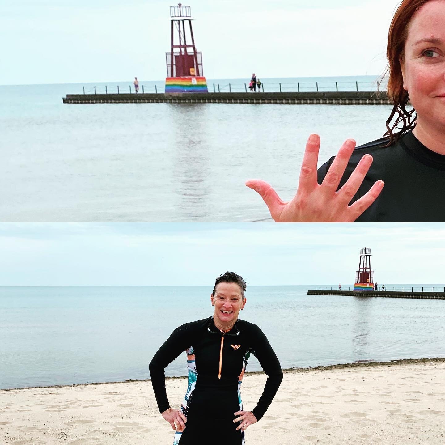 9.27.20 Business meeting at the lake! The last swim of the season, I&rsquo;m afraid. 

.
.
.
.
.
.
#lakemichigan #coldlake #queerartist #queerartists #chicagoartist #gaybeach #lastswimoftheseason #likequeeranimals #reynauds #frozenhands