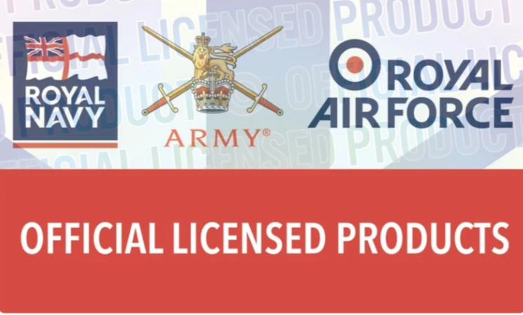 Logos of Royal Navy, British Army, and Royal Air Force above the text 'Official Licensed Products' on a red background.