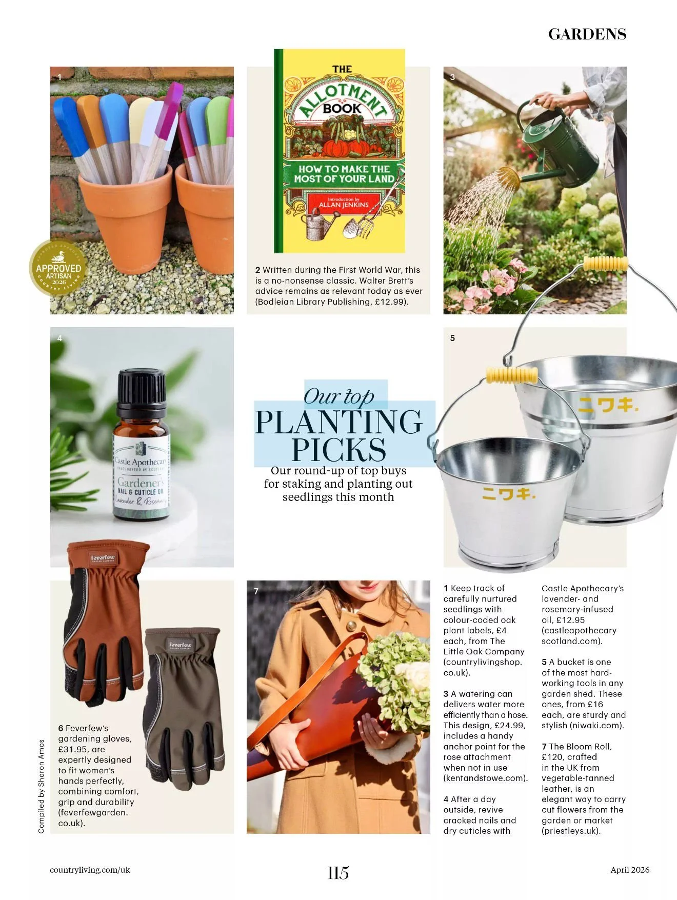 Page from a gardening magazine showing various gardening supplies including paint markers, a book titled 'The Allotment Book,' a person watering plants, lavender and rosemary essential oils, gardening gloves, a person holding a flowering plant, and gardening tools.