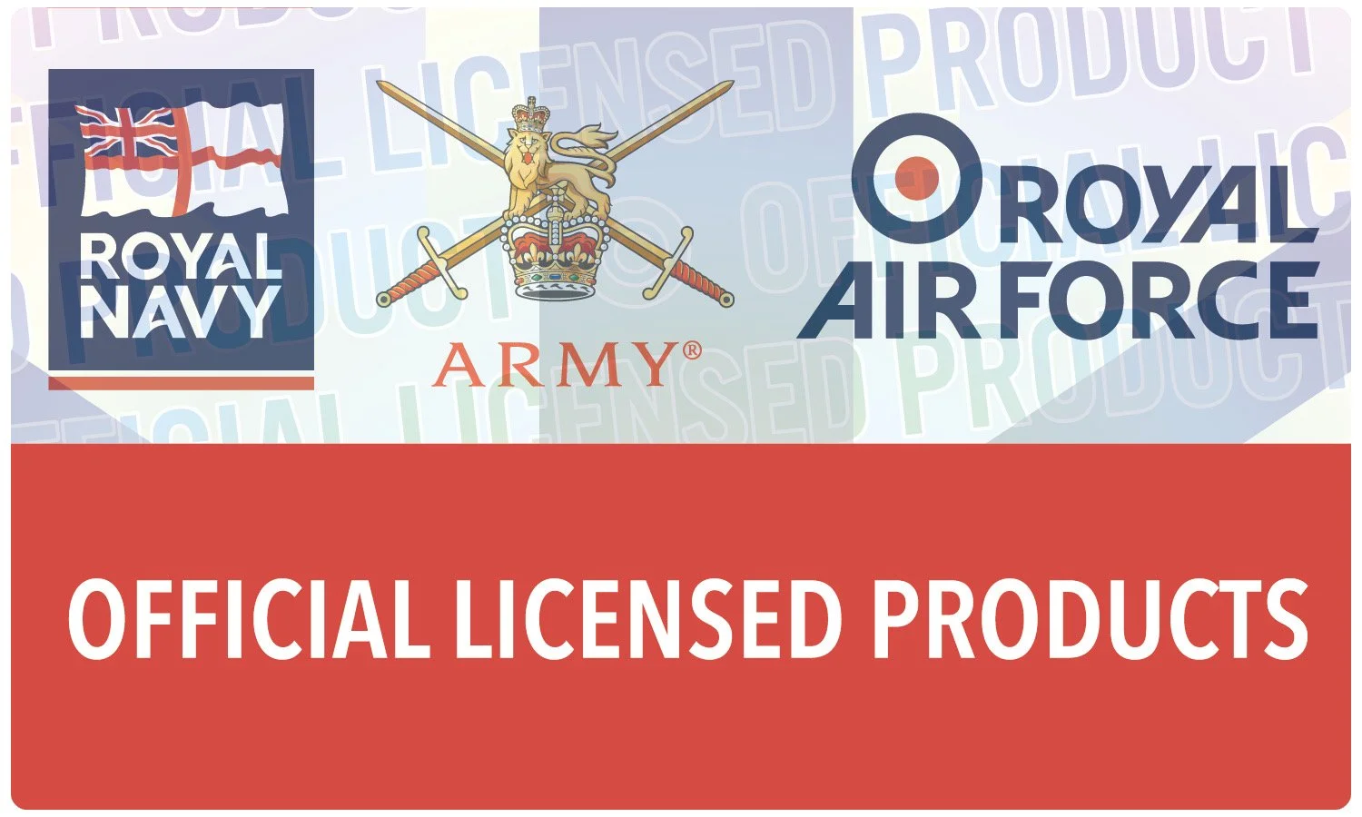 Official licensed products from the Royal Navy, Royal Air Force, and Army, featuring logos with flags, crowns, and swords.