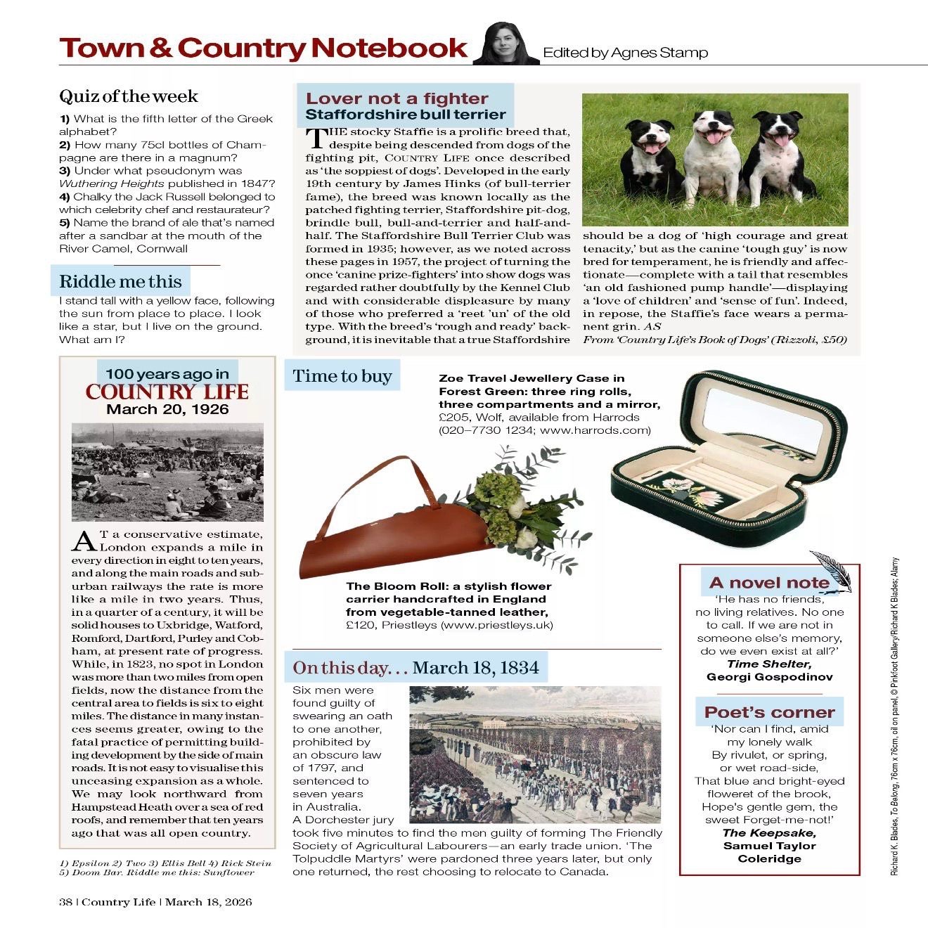 Page from a magazine titled 'Town & Country Notebook' featuring various sections including a dog breed article with three Staffordshire bull terrier puppies, a notebook about historical events, a travel jewelry case, a poem, and a note from a novel, with images of dogs, a historic photo, a jewelry case, and a landscape.