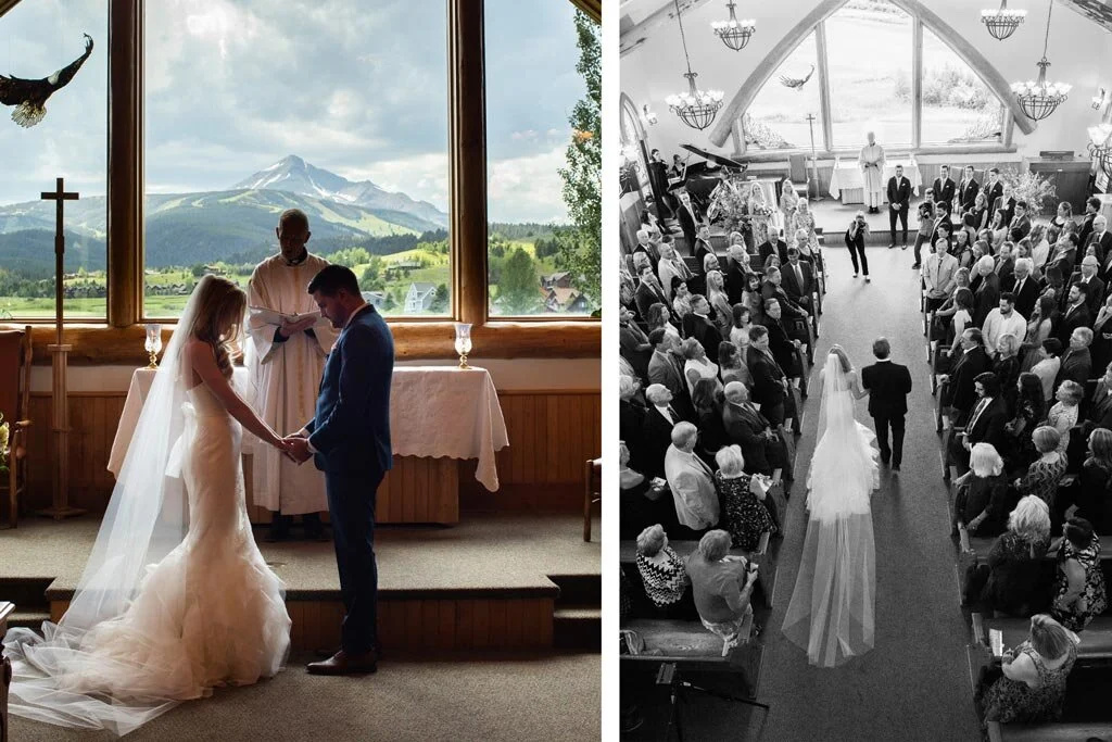 We said our vows in the cutest little church that looks out onto Lone Peak. We didn’t even need to decorate the church because of how perfectly Montana it was. In order for everyone to fit, our guests lined the aisles and stood in the back vestibule…