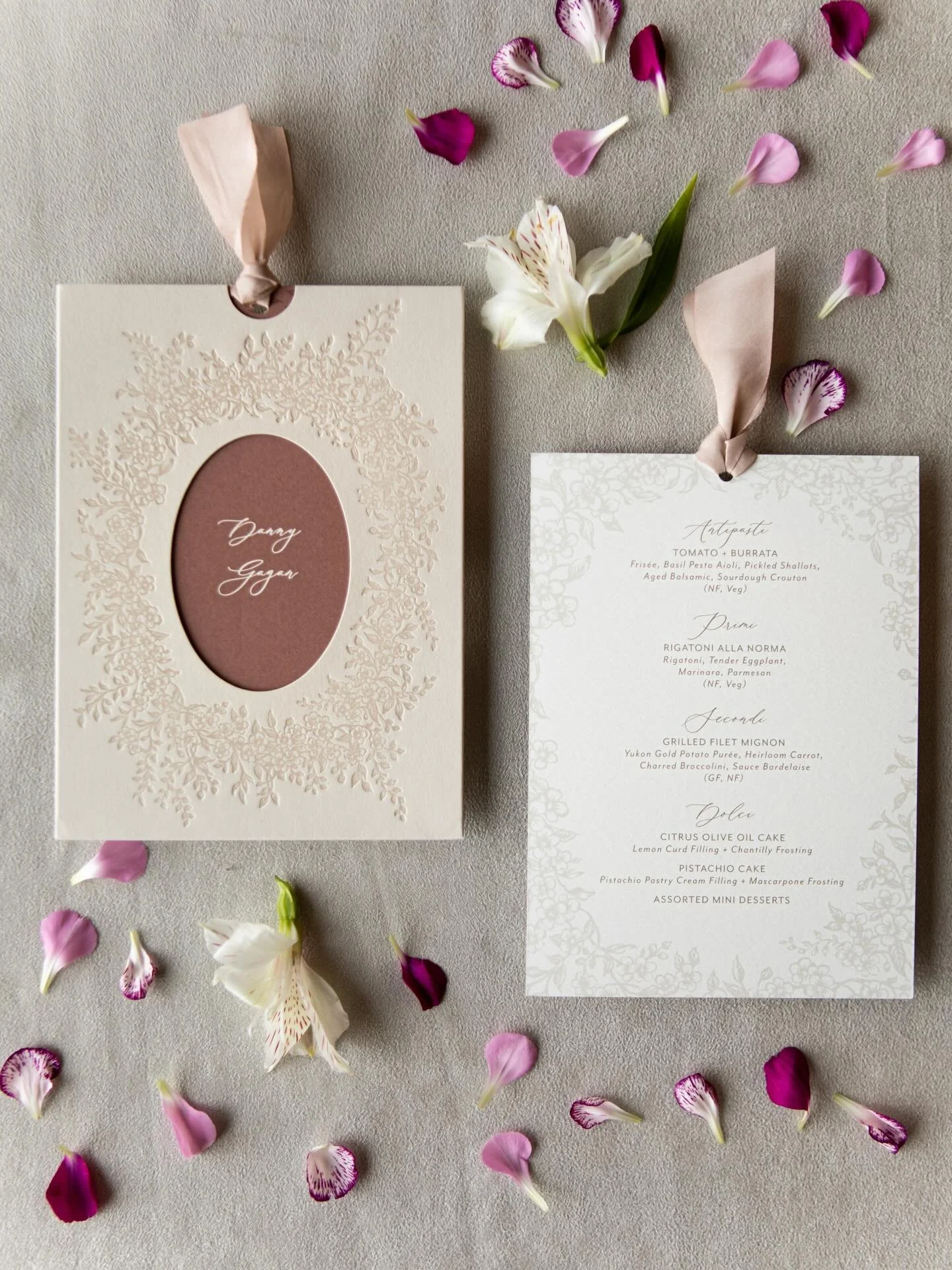 This moody, romantic, floral filled wedding in Ojai called for a statement menu piece. Each guest was greeted at their seat with a note from the couple and a personalized menu (with some Italian touches). Buon Appetito! Shout out to @licketysplitpres