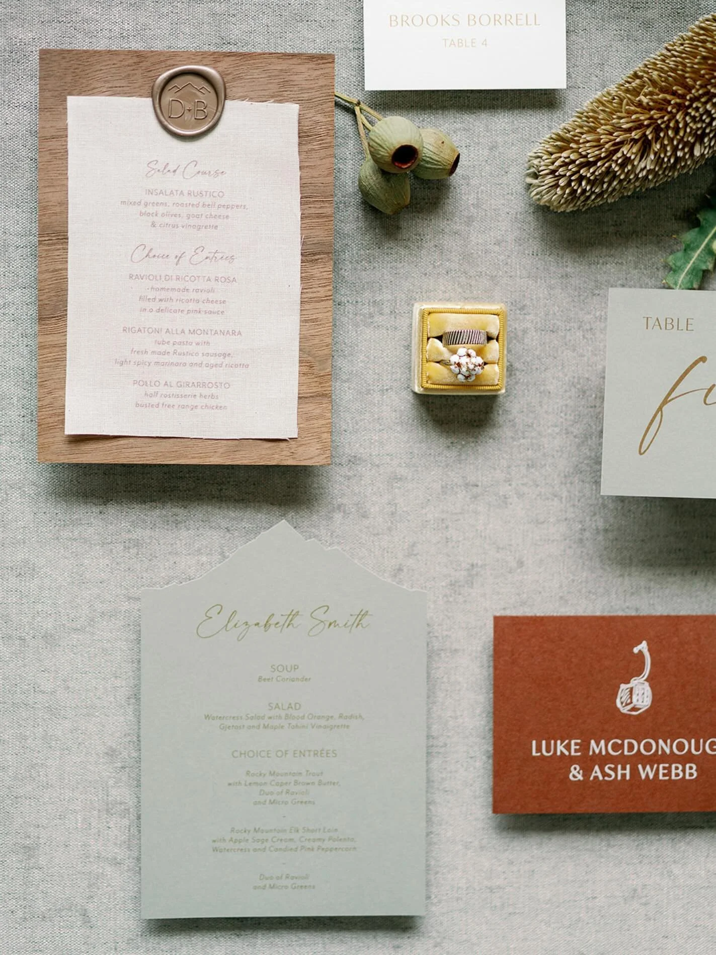 Clearly I&rsquo;m in my Menu Era. I&rsquo;m still so in love with both of the menus we did for Dianna and Brooks&rsquo;s Telluride wedding events. 

Night 1: A rustic welcome party menu printed on fabric and mounted to wood with a wax seal. 

Night 2