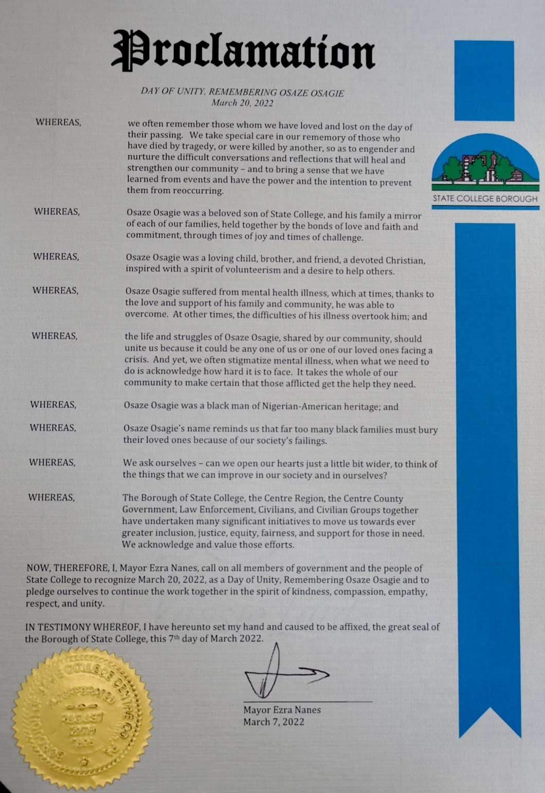 March 20 Declared 'Day of Unity' in Honor of Osaze Osagie