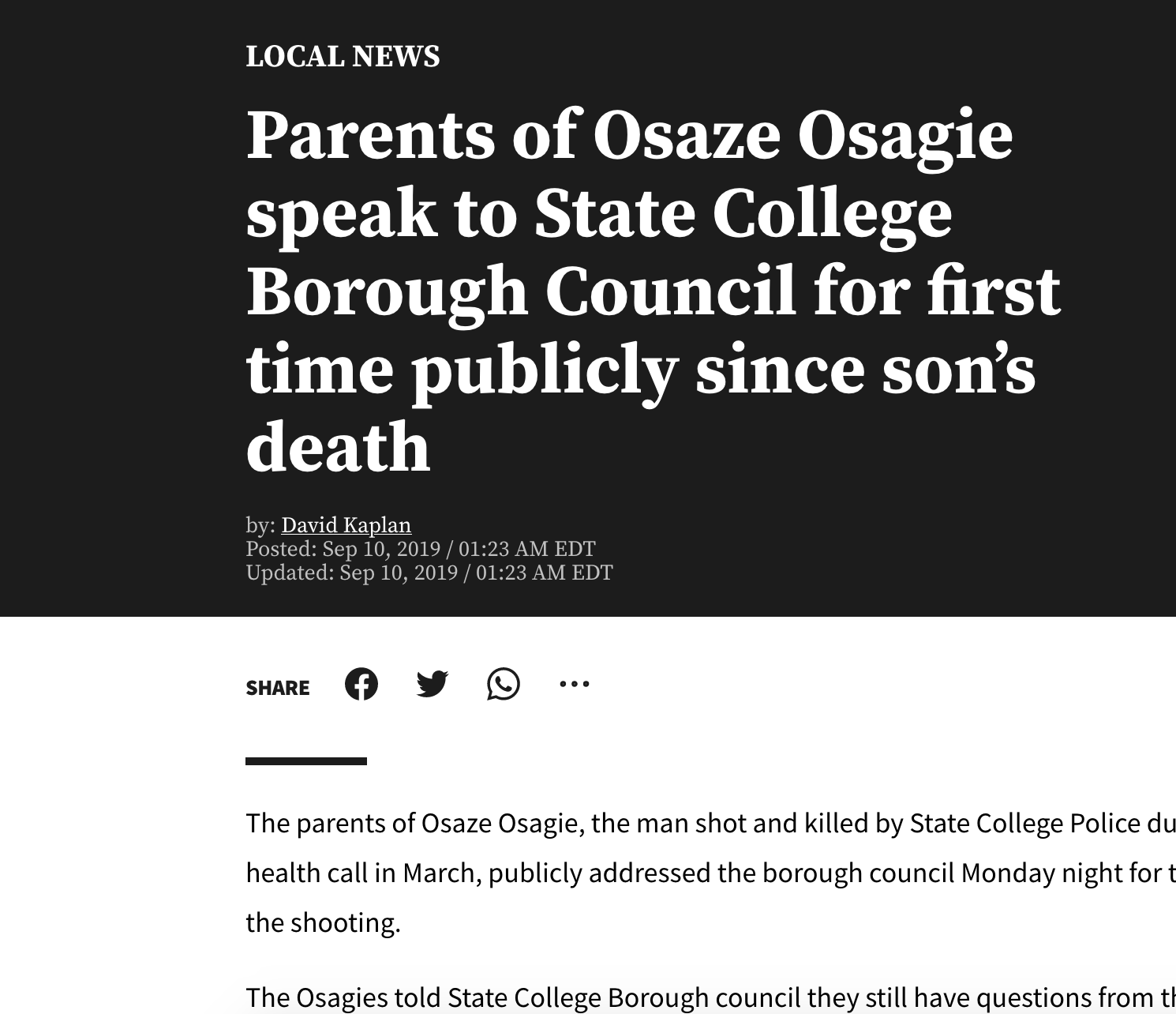 WTAJ Reports on Osaze's Parents' Statement at Borough Council Meeting