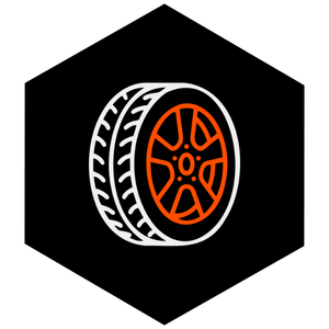 Illustration of a car tire with a rim, depicted in black and orange colors.