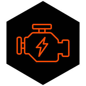 Orange car battery icon with a lightning bolt symbol on a black background.