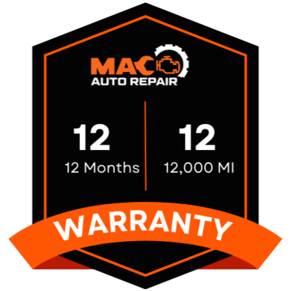 MAC Auto Repair logo with warranty details, 12 months or 12,000 miles