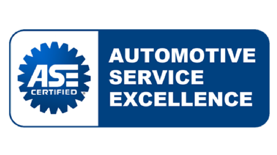 Blue and white logo with a gear symbol and the text 'ASE Certified' and 'Automotive Service Excellence'