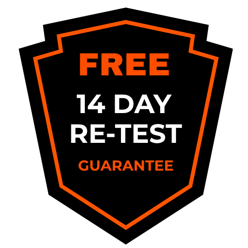 A logo with a black background and an orange outline shield shape. Inside the shield, it says 'FREE' in large orange letters, '14 DAY RE-TEST' in white letters, and 'GUARANTEE' in smaller orange letters.