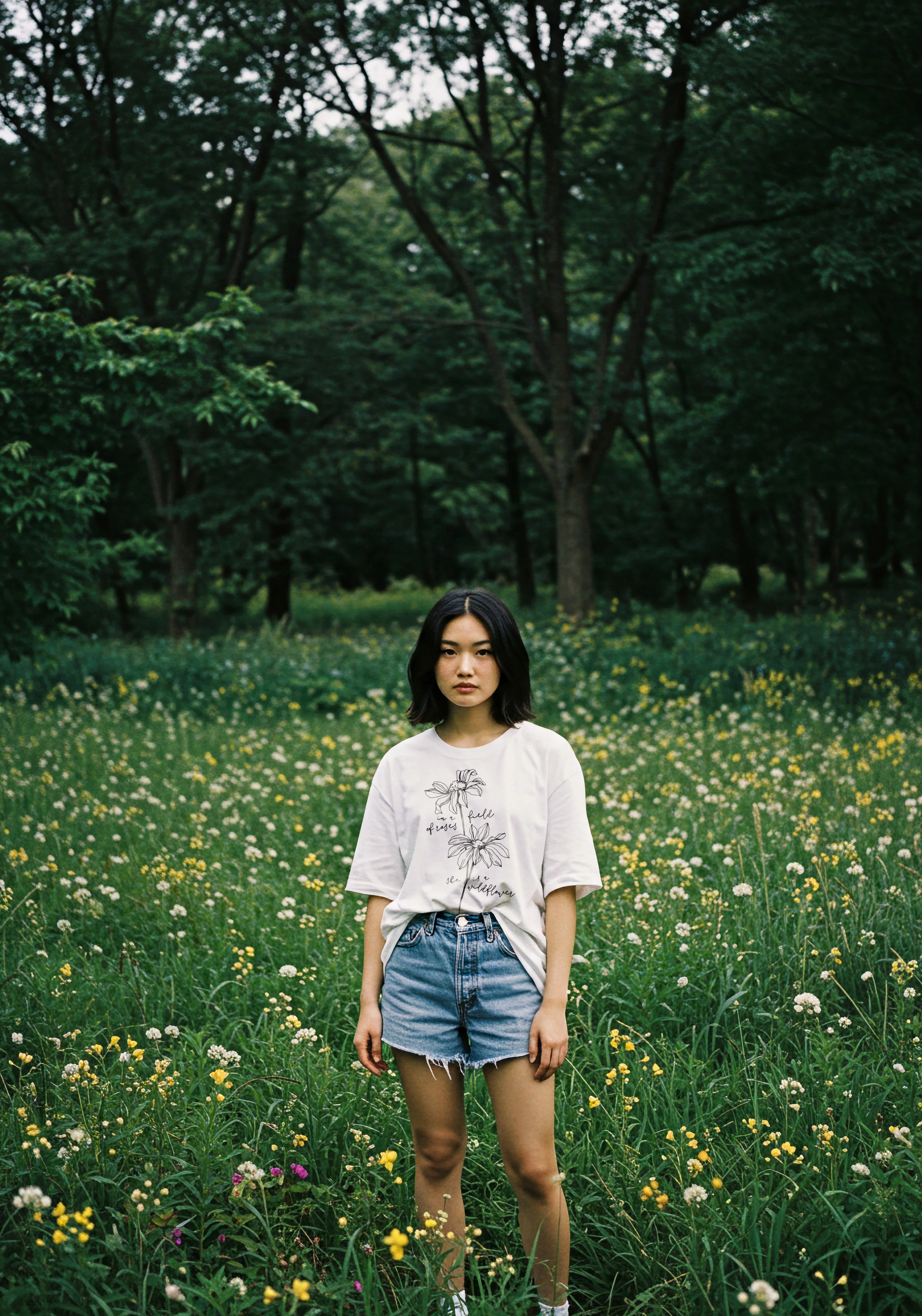 Alley & Rae short sleeved graphic tee in white with the phrase " In a field of Roses She is a Wild Flower."