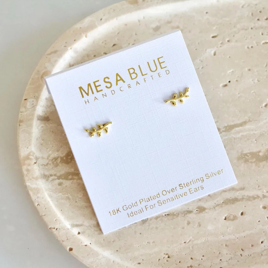 Mesa Blue olive branch stud earrings made of 18k gold plated sterling silver