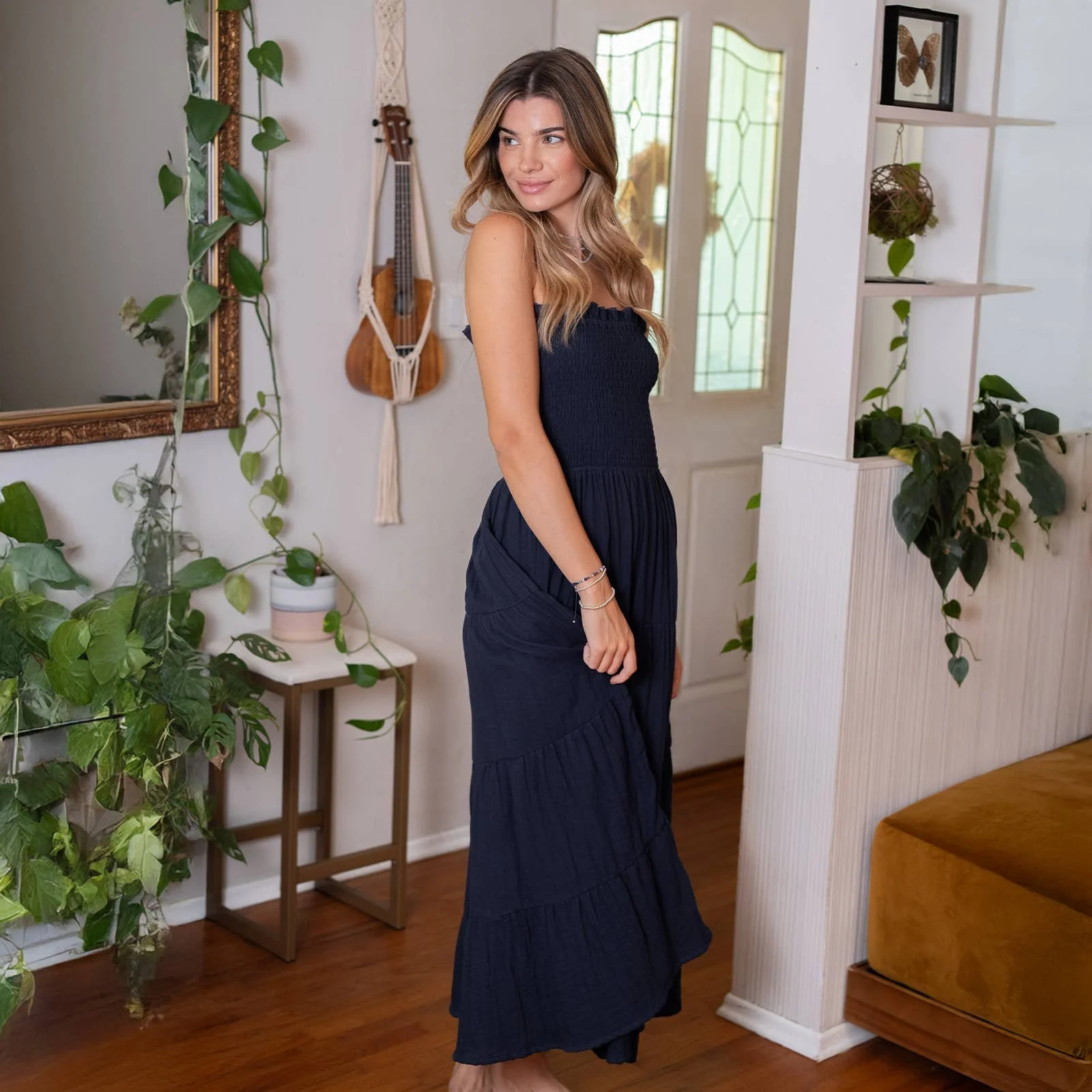 Lotus and Luna 100% Oxford Cotton Mai Tai Maxi Smocked Bandeau Dress