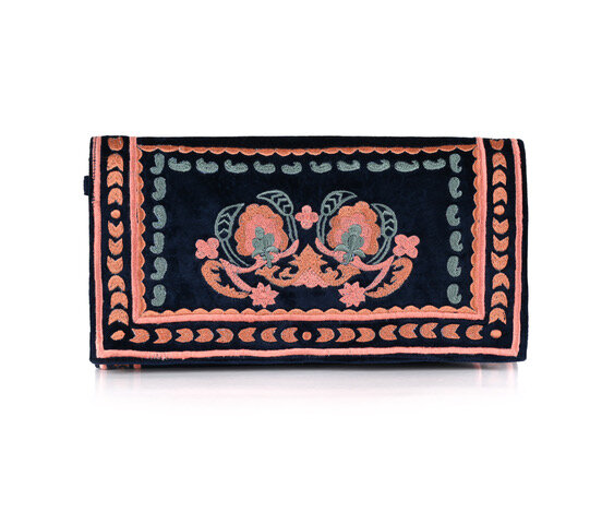 Fiji Fusion orange and pink Embroidered navy Clutch