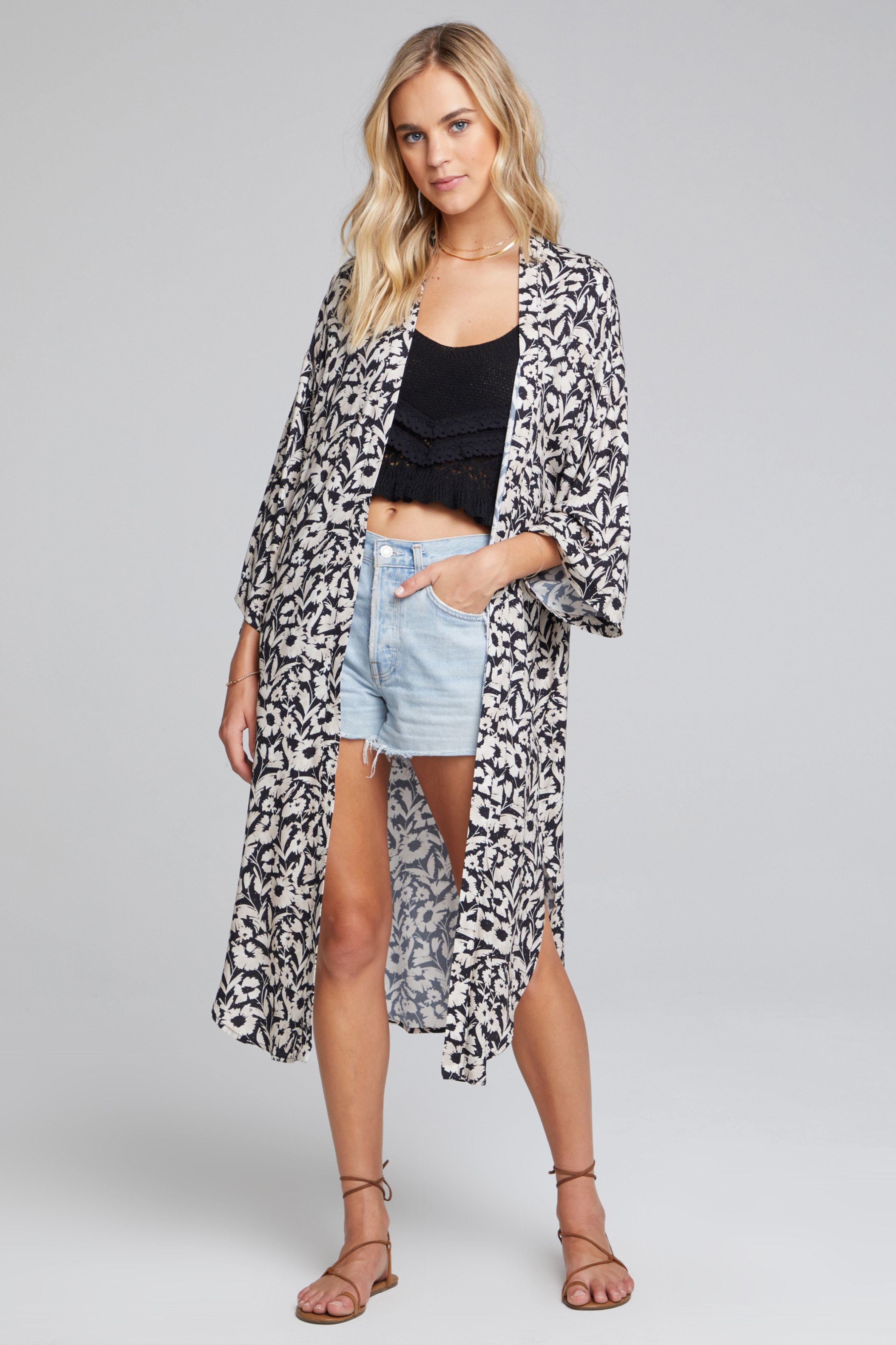 Saltwater Luxe banks daisy silhouette 3/4 sleeve black and white kimono