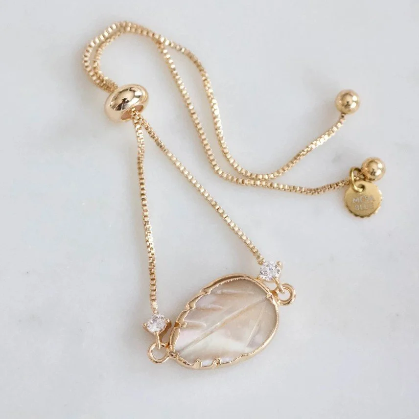 Mesa Blue Leaf Carved Shell bracelet on a gold plated adjustable chain