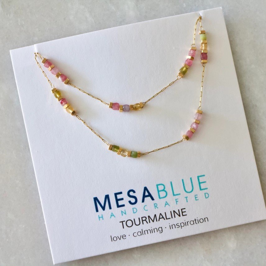 Tourmaline Square Stone Beaded Necklace on 18k gold plated chain from Mesa Blue