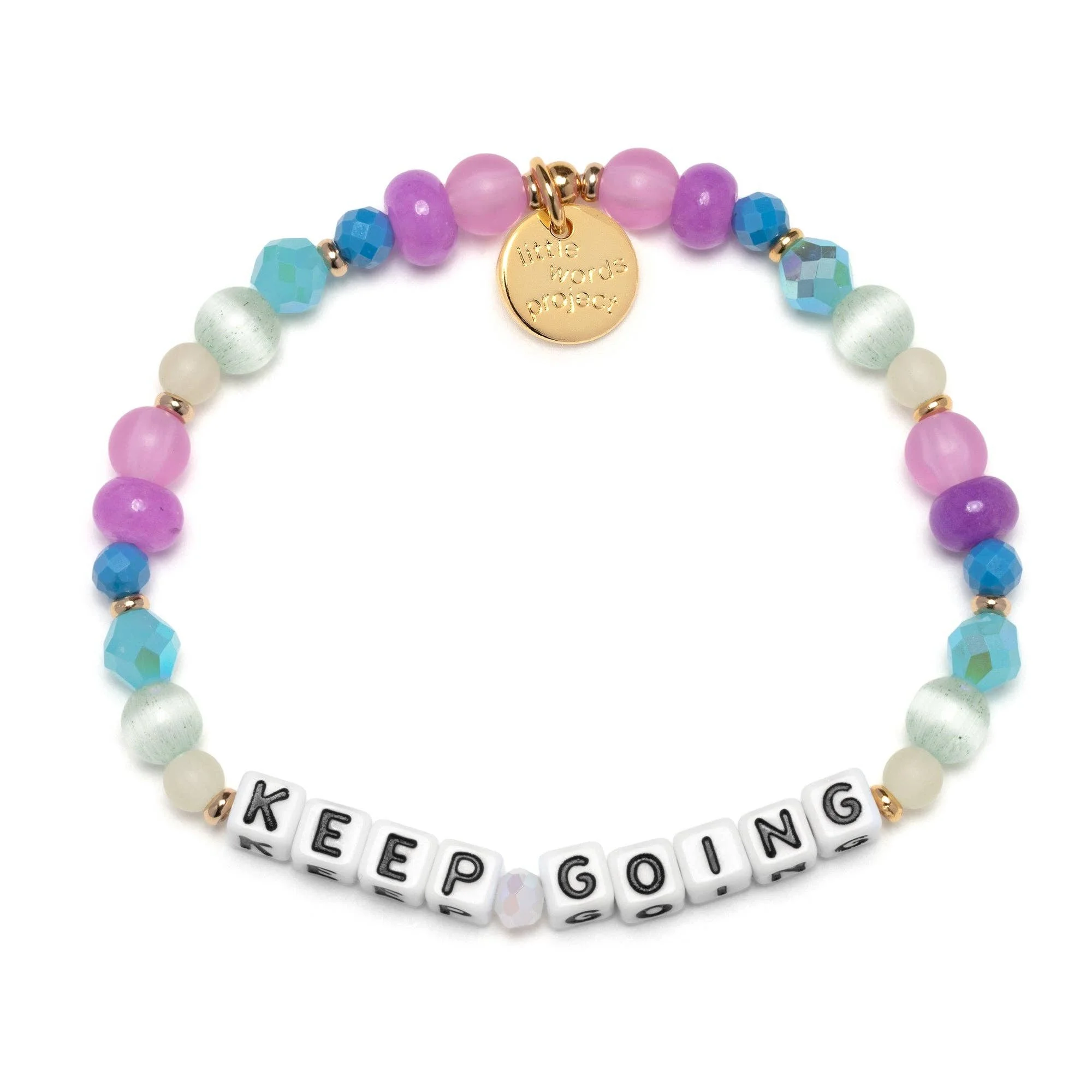 Little Words Project bracelet with the words "Keep Going" in the soft layers colorway