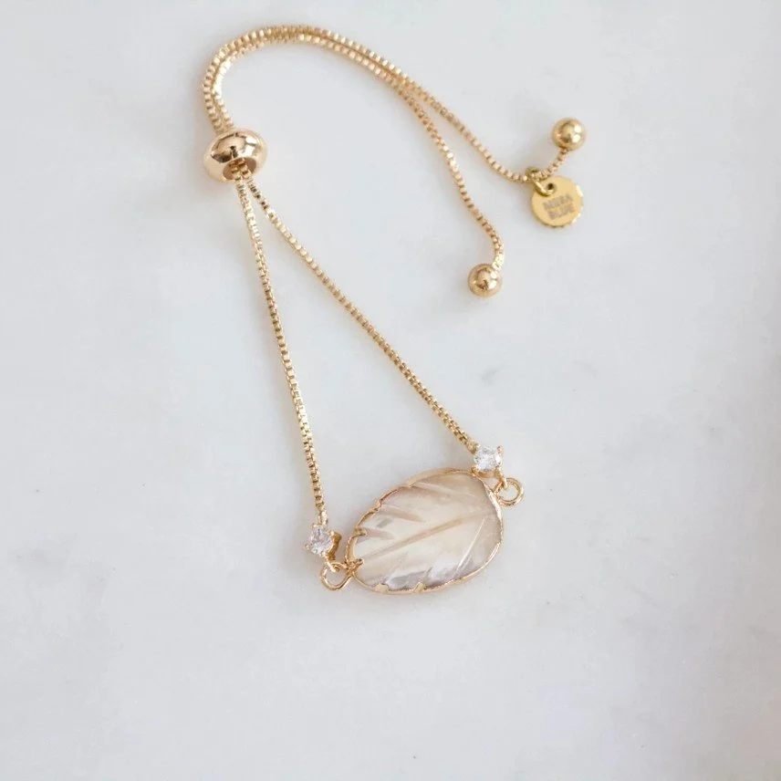 Mesa Blue Leaf Carved Shell bracelet on a gold plated adjustable chain