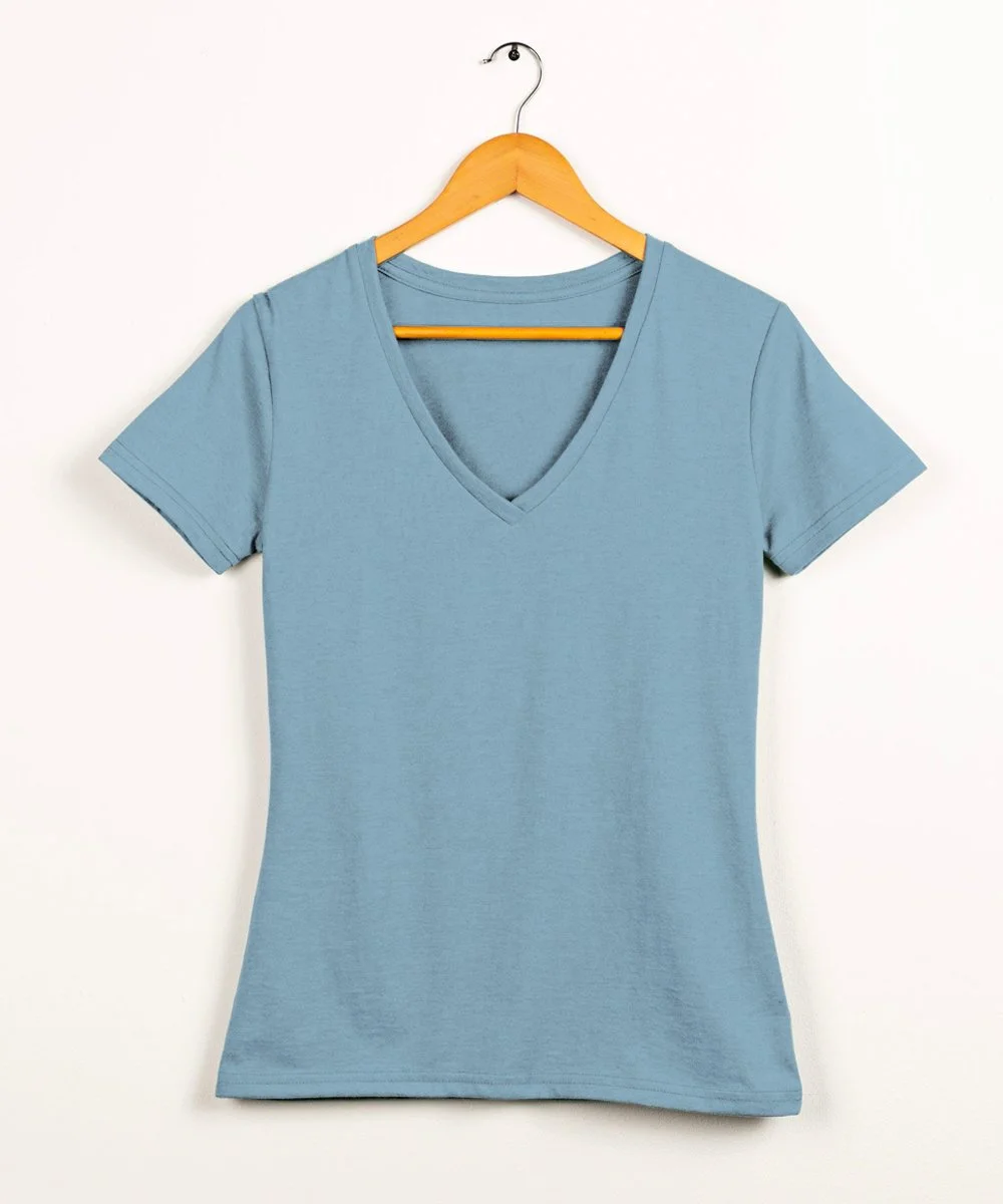 Clean Tee  Factory 100% Cotton Modal V-Neck Short Sleeve Tee Shirt in the color azure