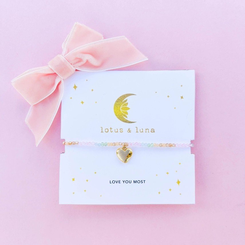 Lotus and Luna "Love You Most" Goddess Bracelet with gold heart charm for Valentines Day