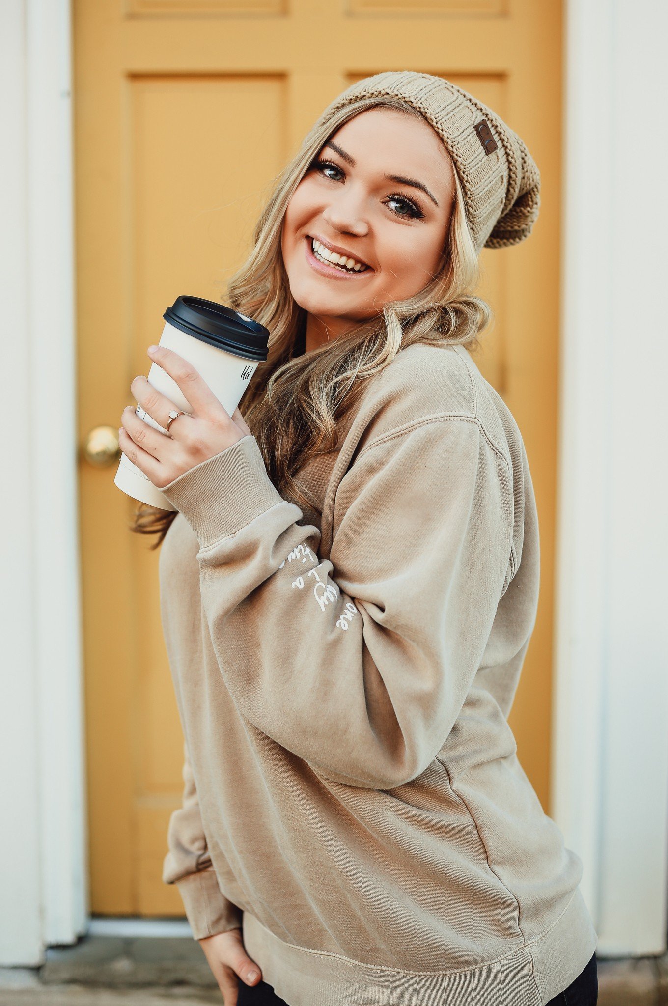 Rad Vibes Only long sleeve cotton crewneck sweatshirt with the words One Day At a Time on the lower part of the sleeve
