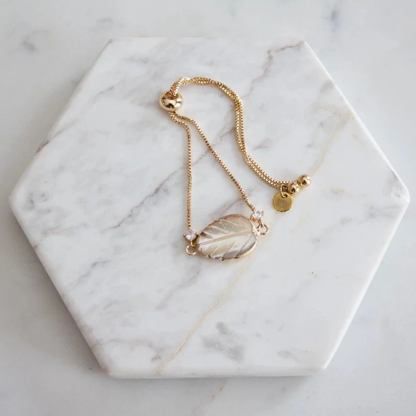 Mesa Blue Leaf Carved Shell bracelet on a gold plated adjustable chain