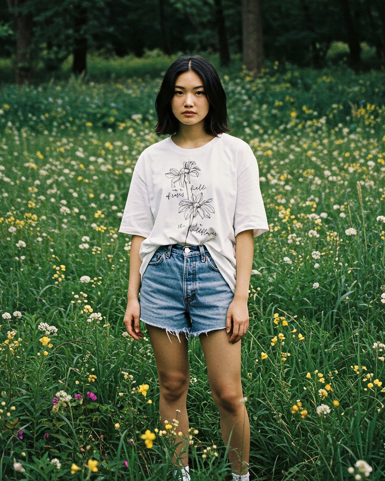 Alley & Rae short sleeved graphic tee in white with the phrase " In a field of Roses She is a Wild Flower."