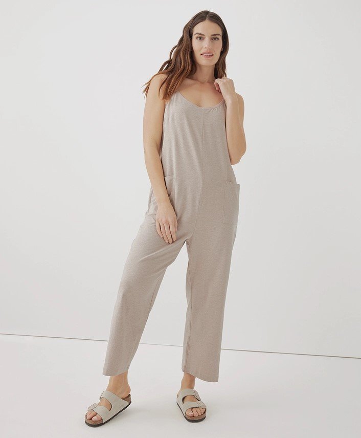 Pact Cool Stretch Lounge Jumpsuit made from 100% Organic Cotton in the color Heathered Oat