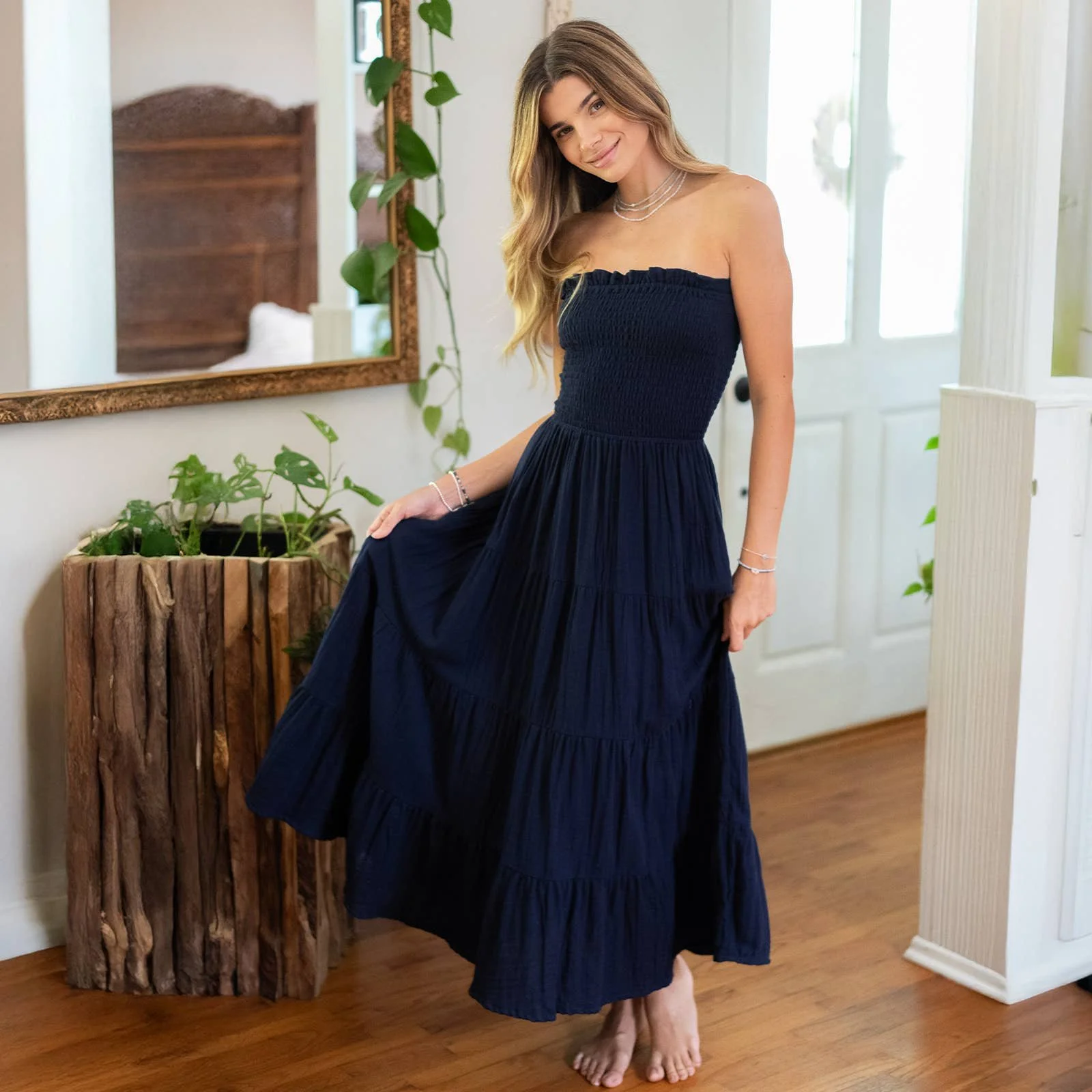 Lotus and Luna 100% Oxford Cotton Mai Tai Maxi Smocked Bandeau Dress