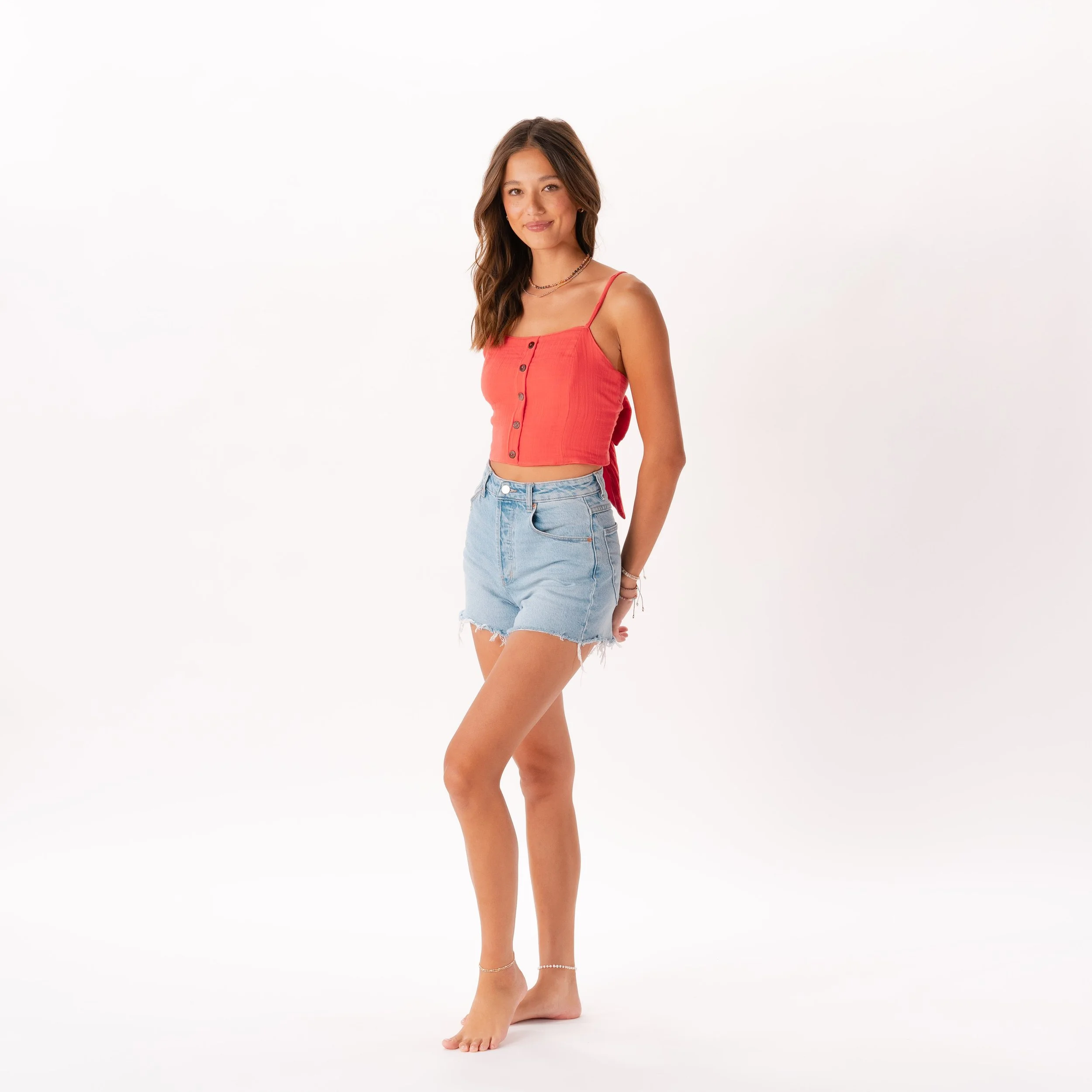 Lotus and Luna 100% cotton cruisin crop top with tie back in coral