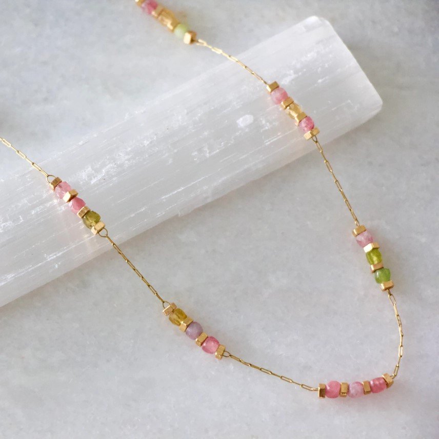 Tourmaline Square Stone Beaded Necklace on 18k gold plated chain from Mesa Blue
