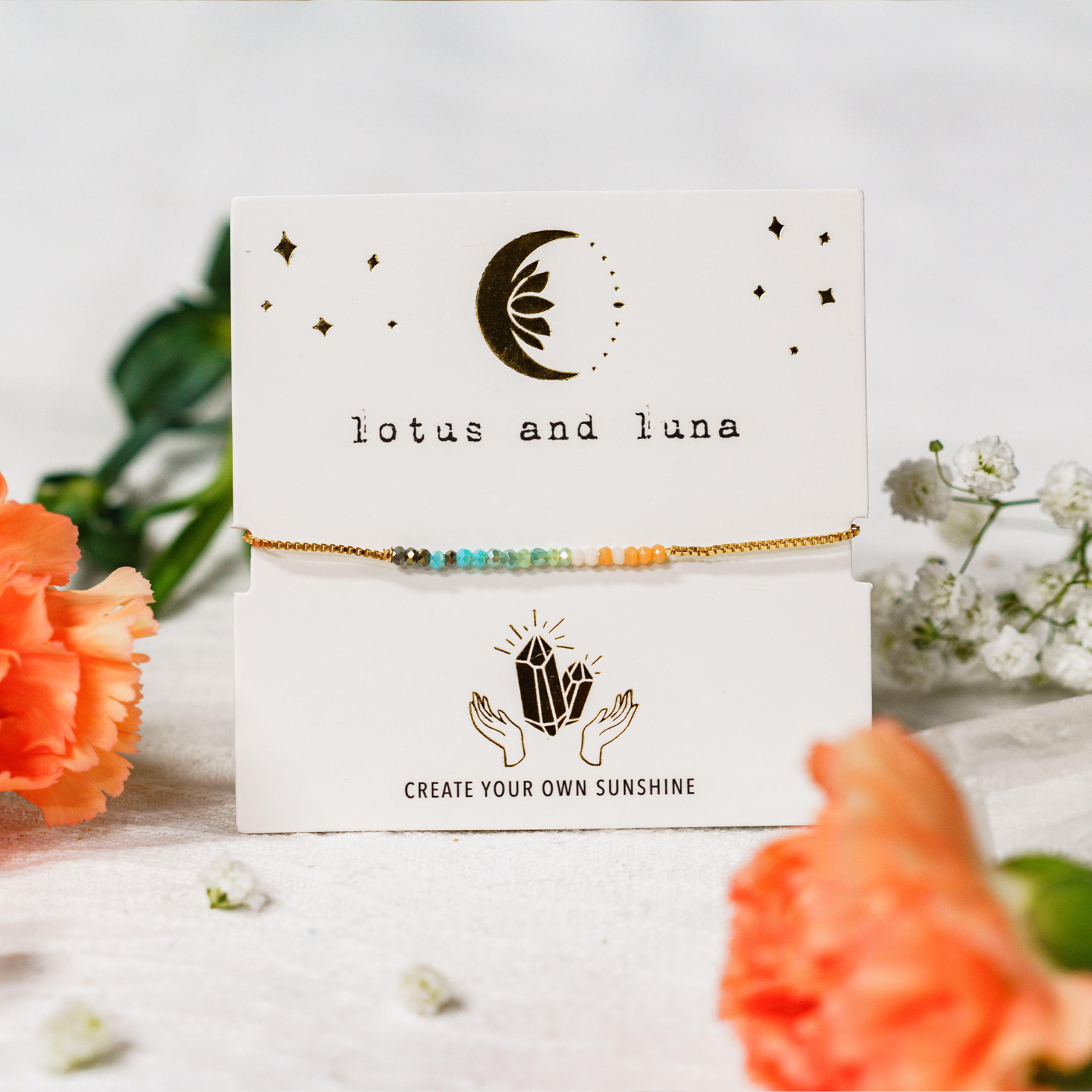 Lotus and Luna Create Your Own Sunshine Goddess Bracelet with Orange, Cream, Mint, Blue, Navy beading