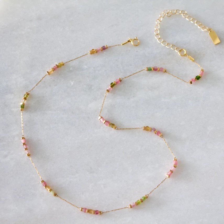 Tourmaline Square Stone Beaded Necklace on 18k gold plated chain from Mesa Blue