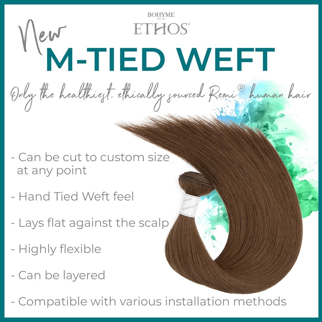 It's the best of both worlds! Bohyme Ethos&reg; M-Tied is created using machines with the look and feel of a Hand Tied weft. At only 0.8mm, M-Tied is one of our thinnest &amp; lightest wefts yet! Now available at our Authorized Distributors: @simplyh