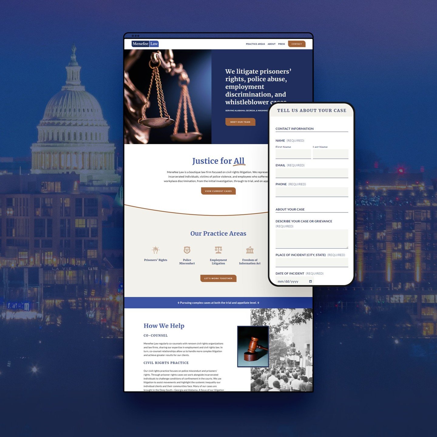 Excited to introduce the newly redesigned web site for Menefee Law in Washington, D.C. 🚀! Founders and brothers Andrew and Martin Menefee are second generation civil rights advocates who litigate prisoners&rsquo; rights, police abuse, employment dis