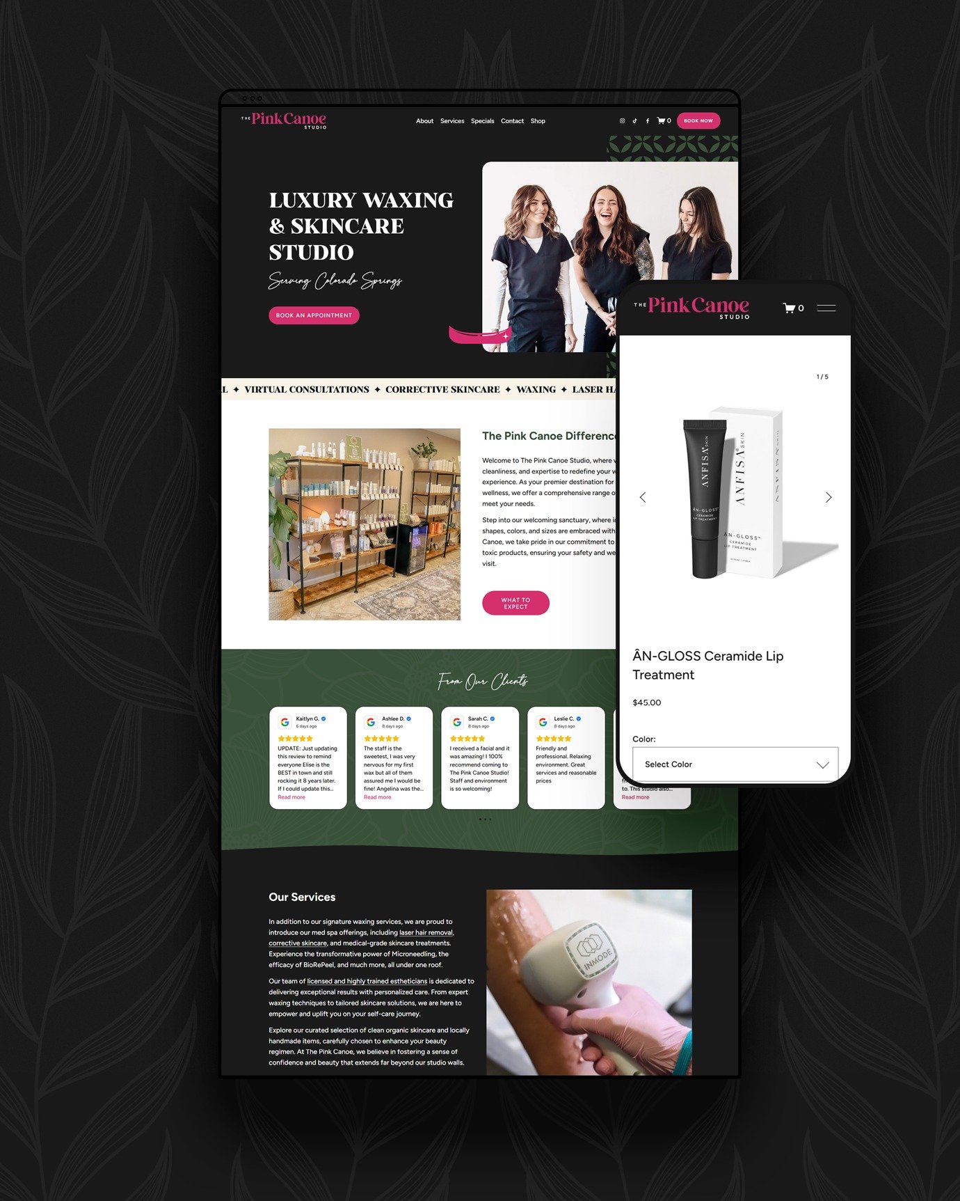 I'm thrilled to introduce the new web site for @thepinkcanoestudio in Colorado Springs 🪴! It was so fun working with owner Elise and her vision for a dark, lux, cozy vibe that reflects her beautiful studio space and fun style and personality.

The n