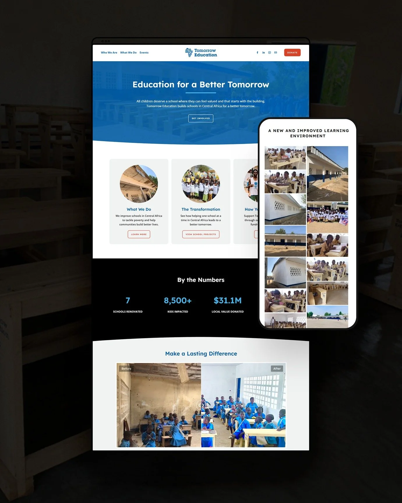 I'm excited to introduce the new web site for Tomorrow Education, a dedicated group building schools in Central Africa and donating desks, school supplies, and more to help students and their communities thrive 🌍!

The new Squarespace site showcases