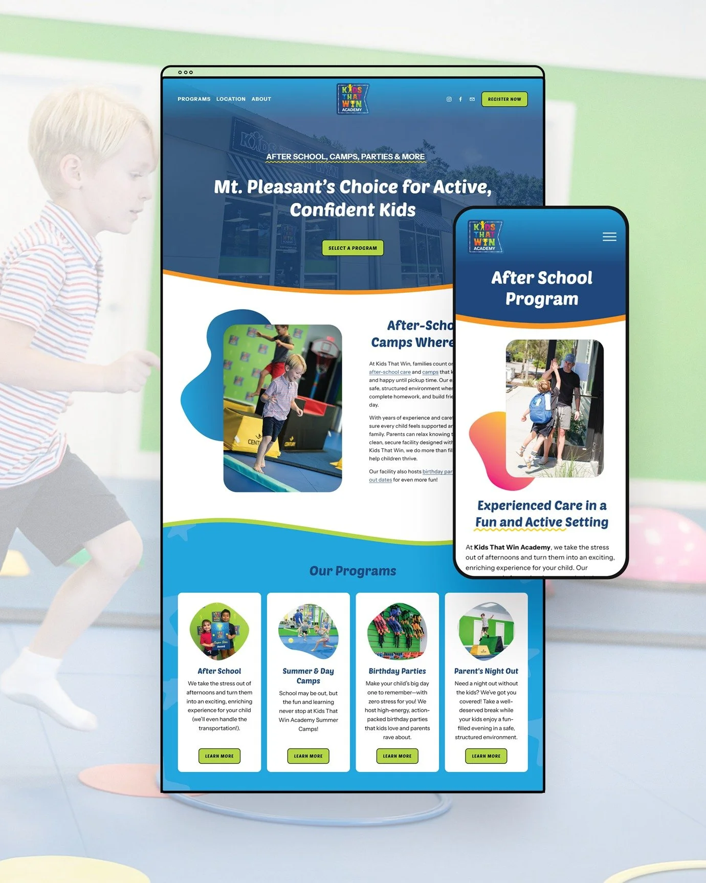 So excited to share the new web site for @kidsthatwin in Mt. Pleasant, SC 🚀! We loved building this fun, colorful Squarespace site to showcase their safe, high energy, and trusted programs for school-aged kids.

For all my Charleston friends, be sur