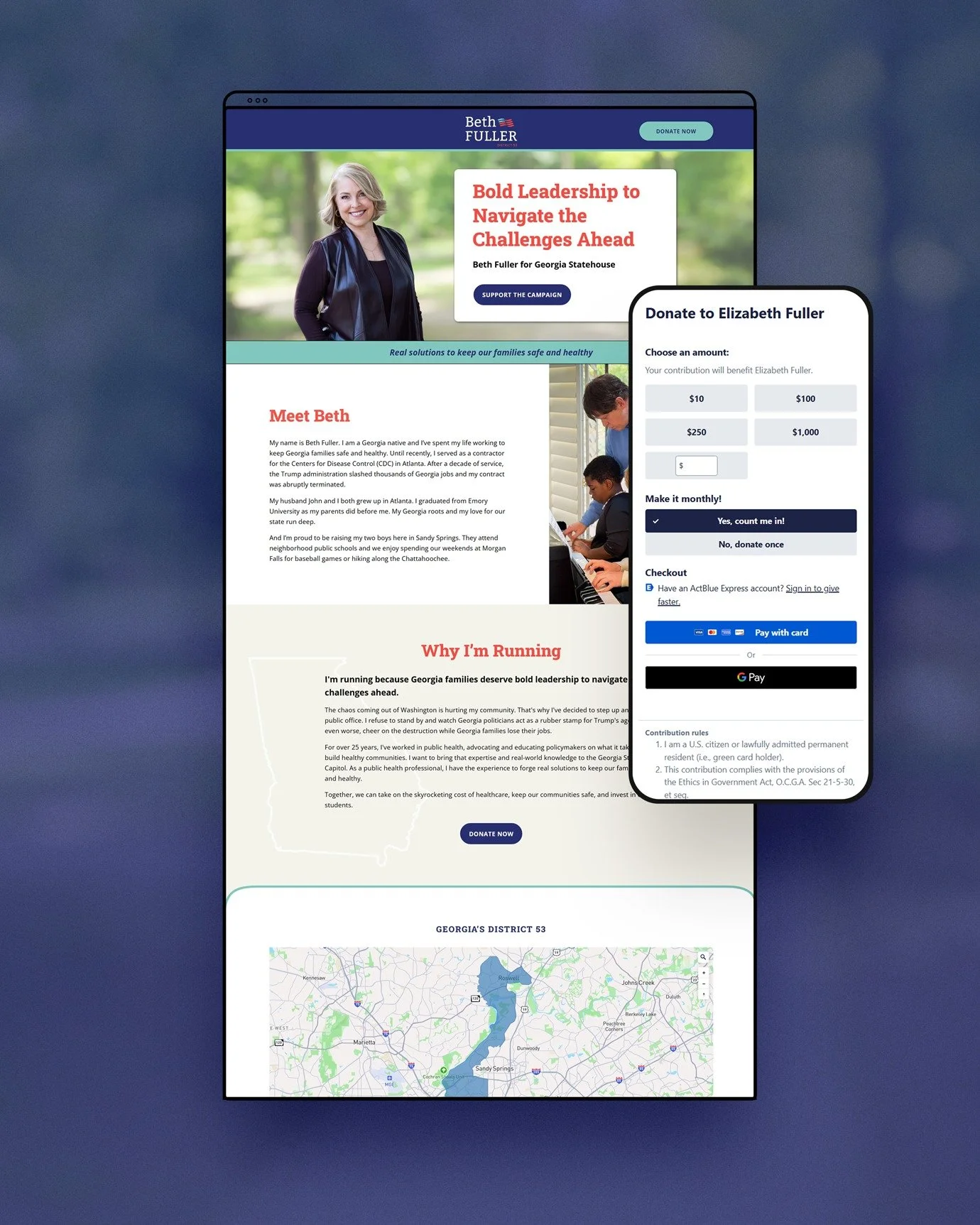 Congrats to Beth Fuller's campaign team on the launch of a new Squarespace splash page 🚀! We loved designing this clean, energetic, and polished online home to introduce her candidacy for Georgia Statehouse. 

Beth is a dedicated public servant who 
