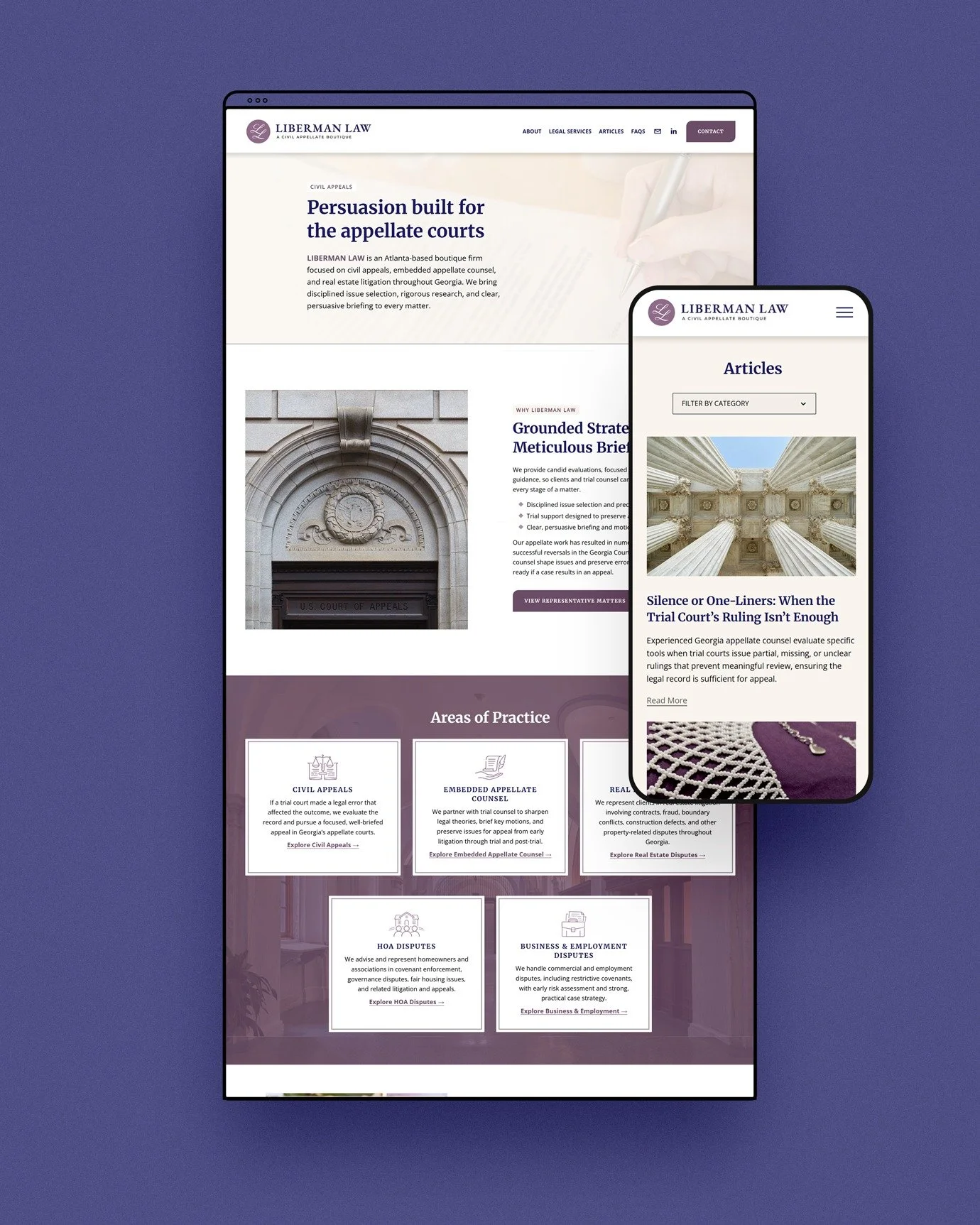 Congrats to Liberman Law in Atlanta, GA on the new Squarespace web site ⚖️! We loved refreshing the brand and updating the service area focus to Civil Appeals and Embedded Appellate Counsel. The new site is easily editable and shares more about the t