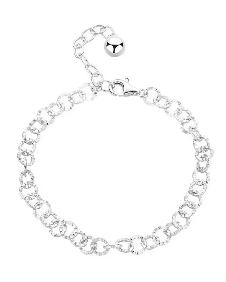 Silver bracelet with round links and a small hanging charm, against a plain white background.