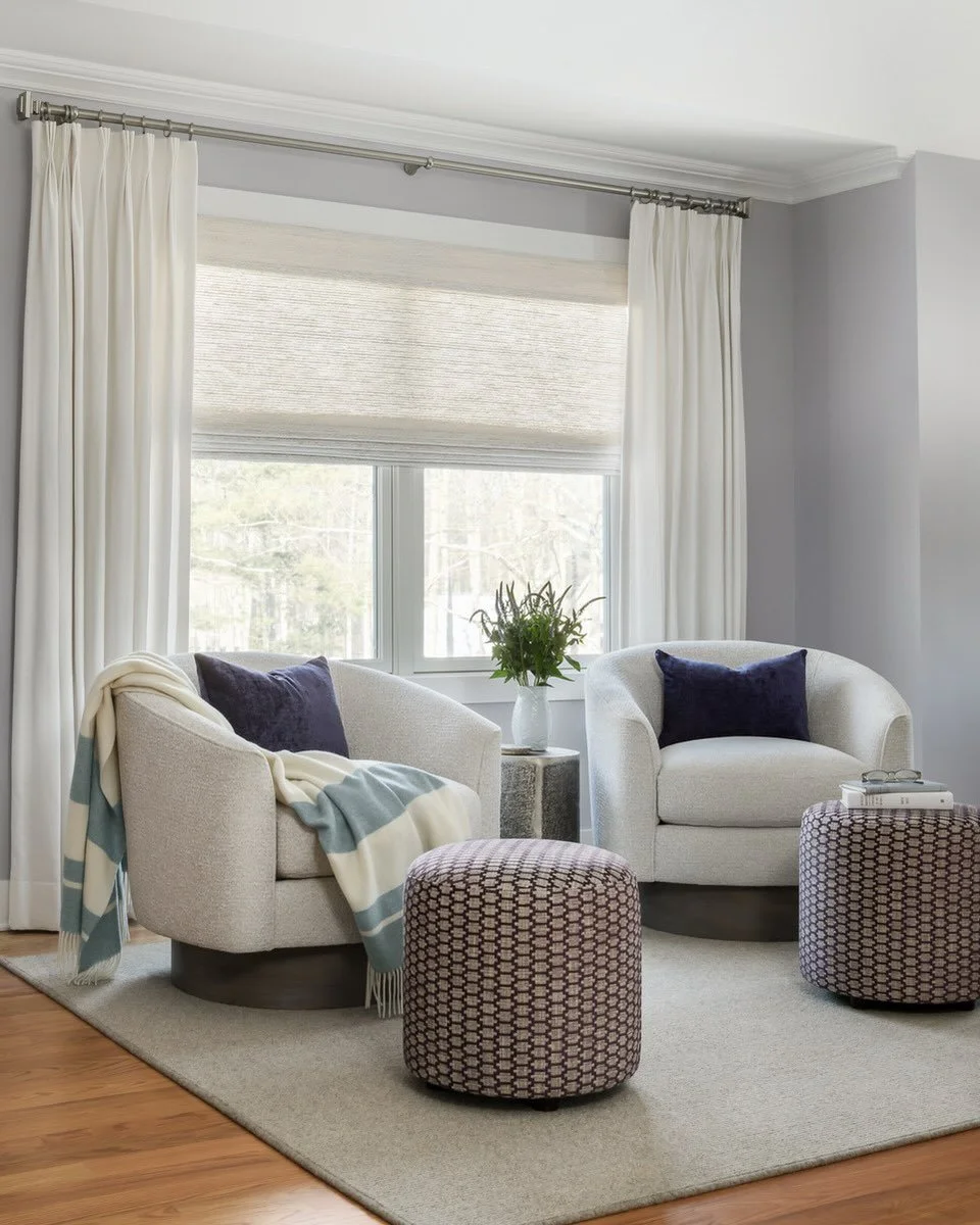 A little sanctuary inside the bedroom. Plush swivel chairs, patterned ottomans, and soothing colors come together to create the dreamiest place to relax. 💜

#bedroominspo #scotchplainsnj #sittingareadesign #westfieldnjinteriordesigner #bernhardtfurn