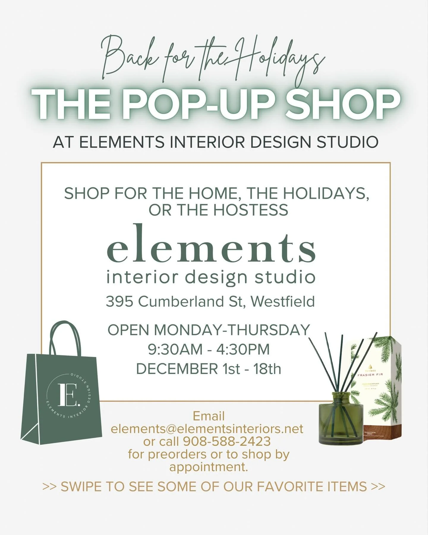 The Pop-Up Shop is back at Elements! 
Soft opening this week Monday and Tuesday 9:30am-4:30pm to get your last minute Thanksgiving hostess gifts. Starting December 1st we are open Monday-Thursday thru the 18th. Shop for the home, the holidays or the 