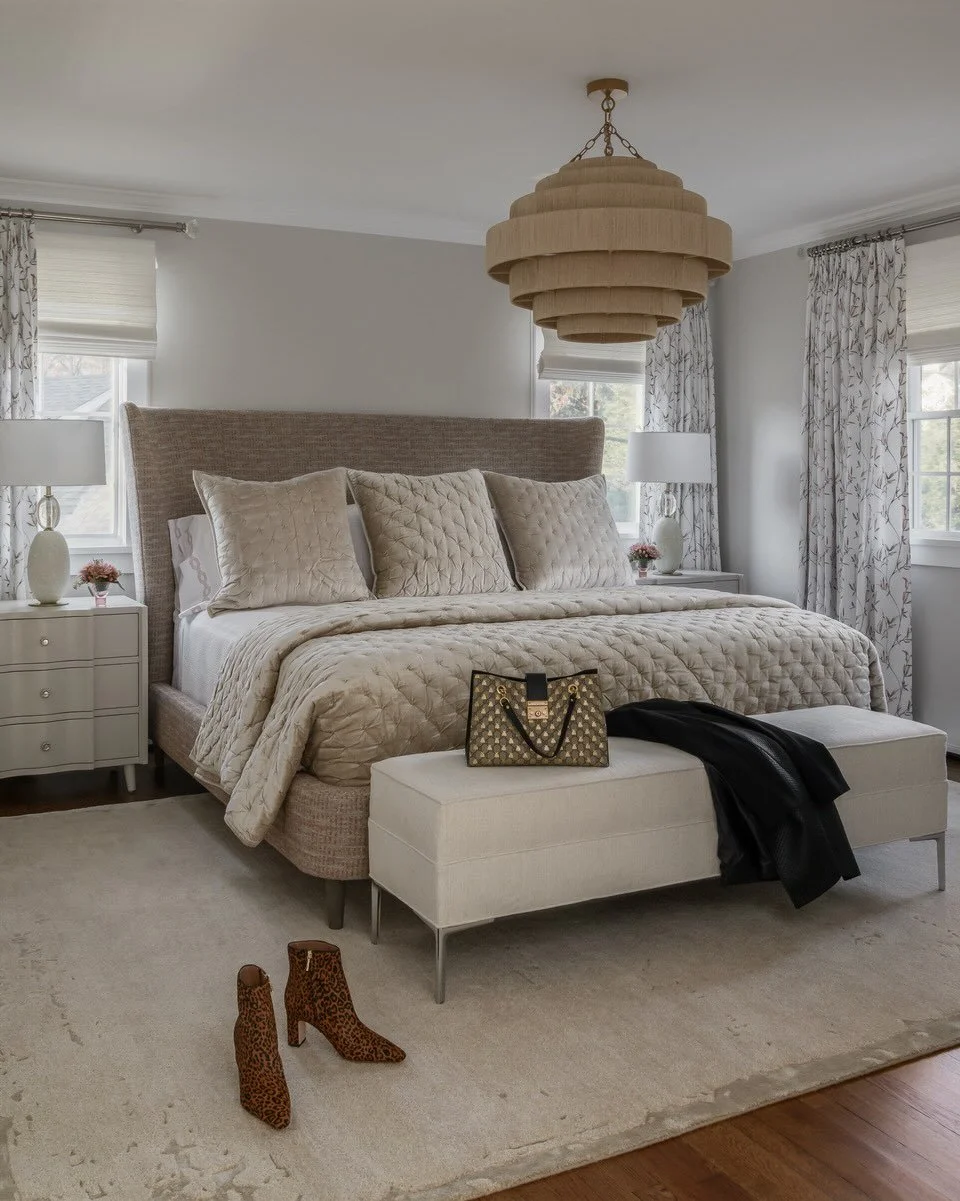 From the softly tailored upholstered headboard to the layered, quilted bedding, every element was selected to add depth while keeping the palette serene. The sculptural chandelier brings warmth and dimension overhead, grounding the space with a subtl