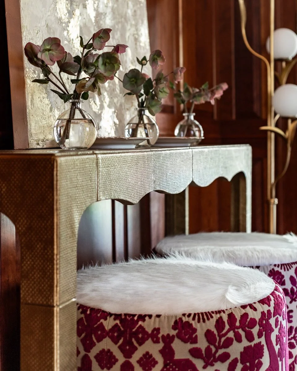 Thinking back to this time last year, when we were showcasing our design at the Wildfair Estate for Mansion in May 2025.

One of our favorite pieces were these custom ottomans, upholstered in luxe cut velvet and topped with plush cowhide seats, paire