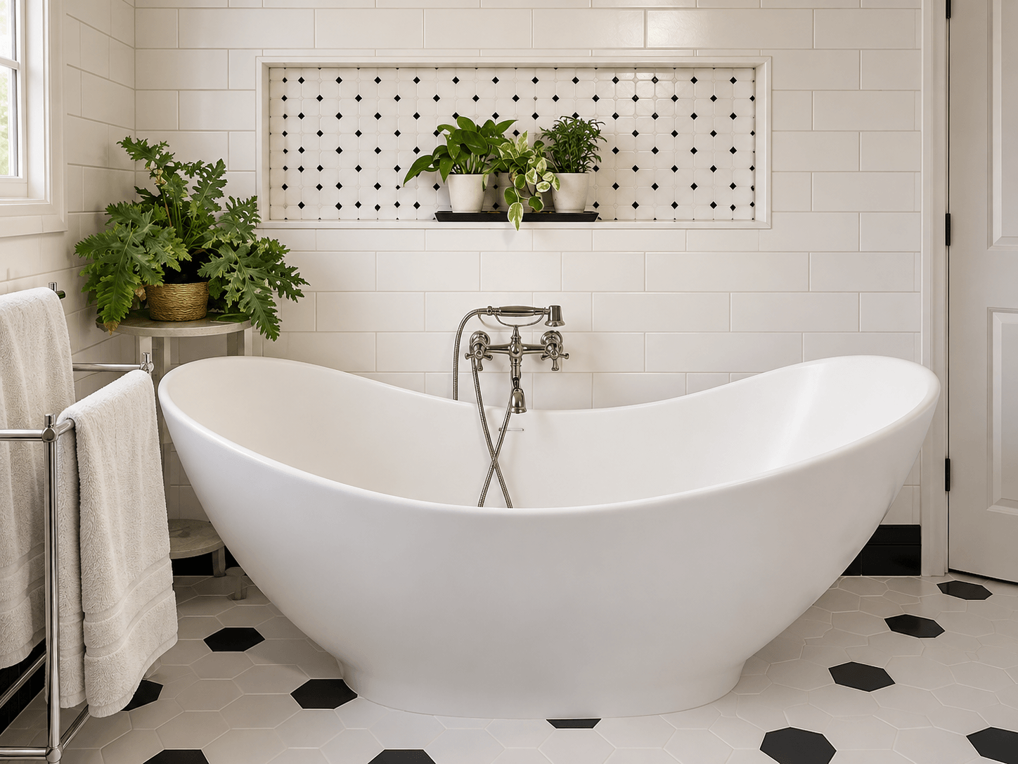 Modern white and black primary bathroom bathtub.