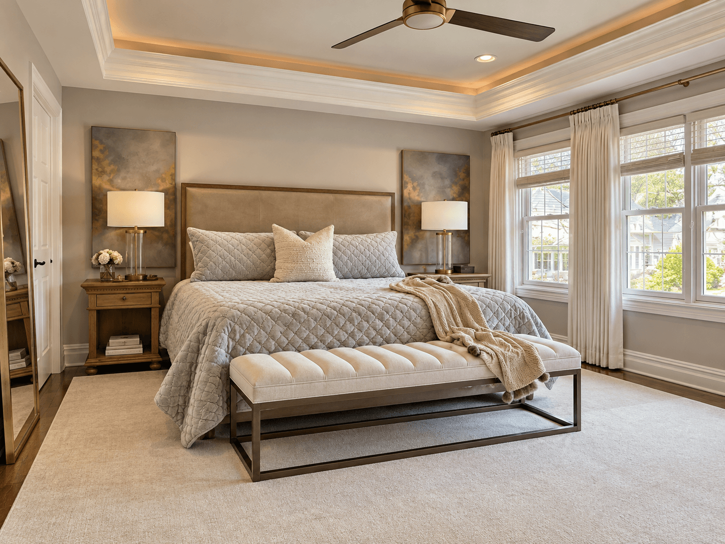 Neutral and tranquil primary bedroom design project in Scotch Plains, NJ by Elements Interior Design Studio. There is a bed with a brown wood and upholstered headboard, silver gray plush bedding and an off-white upholstered and brass bench at the foo